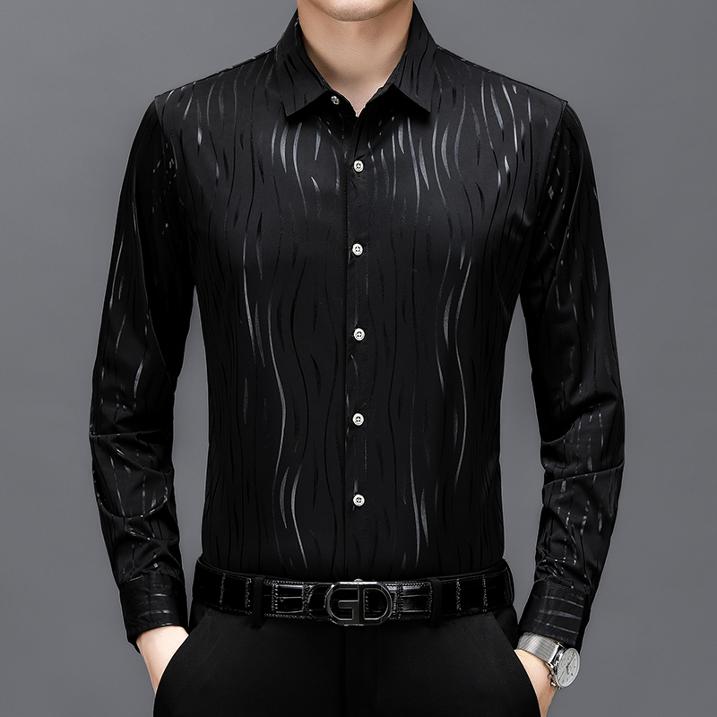 春秋新款长袖印花衬衫男士冰丝抗皱免烫薄款条纹高档中年休闲衬衣