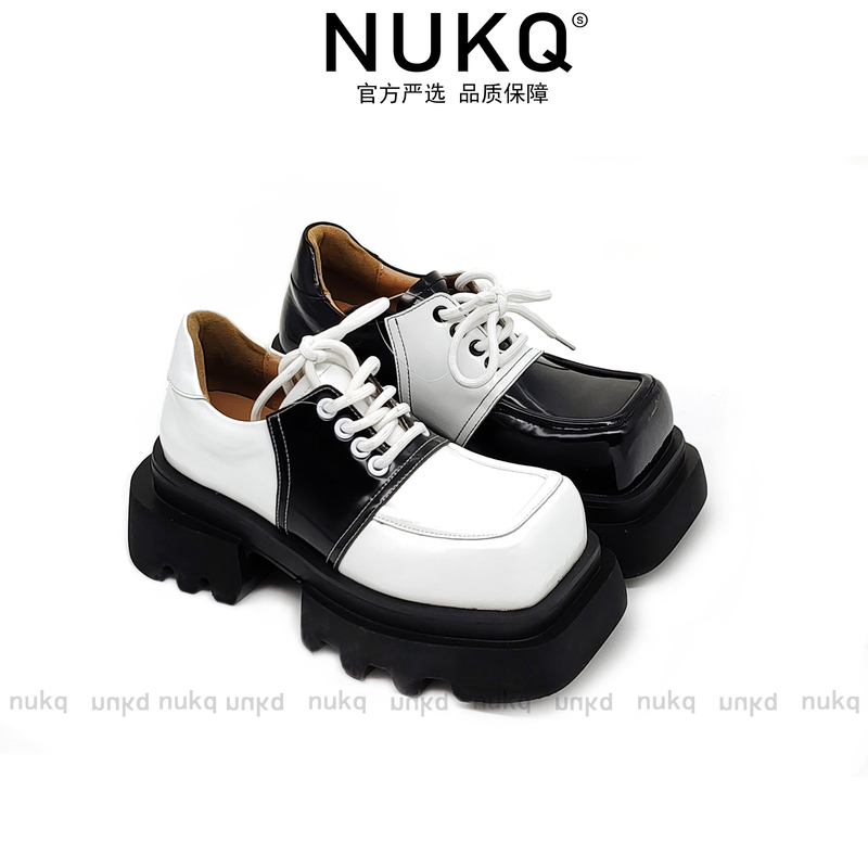 小熊猫【大悦严选】系带拼色玛丽珍方头高跟乐福鞋帅酷厚底乐福鞋