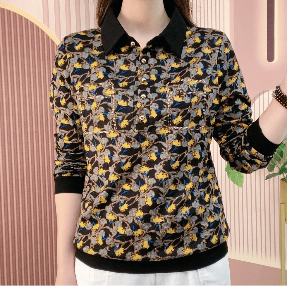 2024春季新款长袖T恤时尚翻领打底衫女显瘦百搭印花衬衣洋气休闲