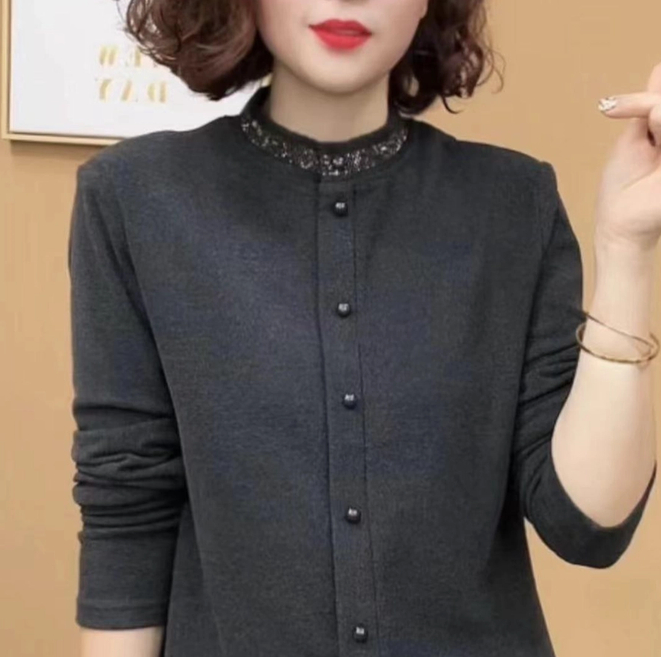 2024新款时尚秋冬款洋气百搭领子烫钻长袖减龄打底衫上衣#132