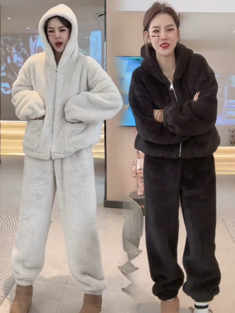 保暖连帽宽松家居服加厚加绒套装冬款家居服套装睡衣秋冬季