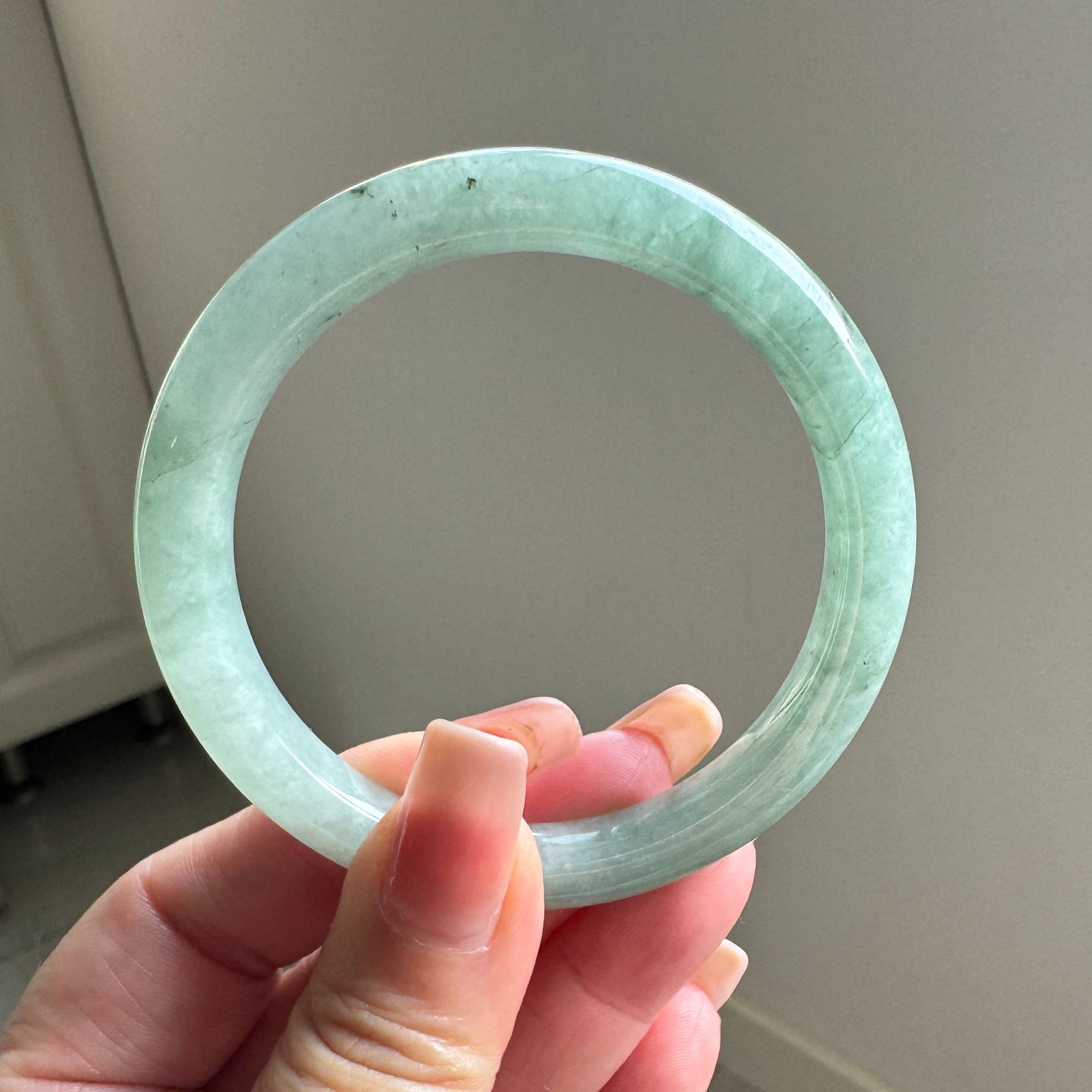 55正圈美人条冰油青半山水飘花缅甸天然翡翠A货手镯精美冰透