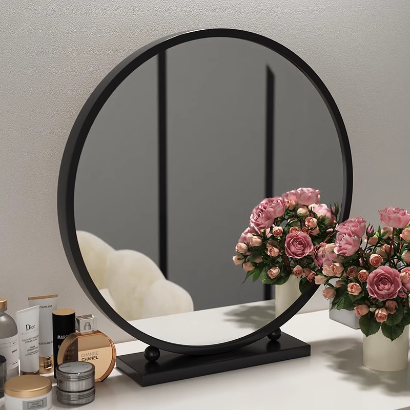 轻奢化妆镜圆形梳妆镜卧室桌面学生宿舍台式铁艺美妆镜梳妆台镜子