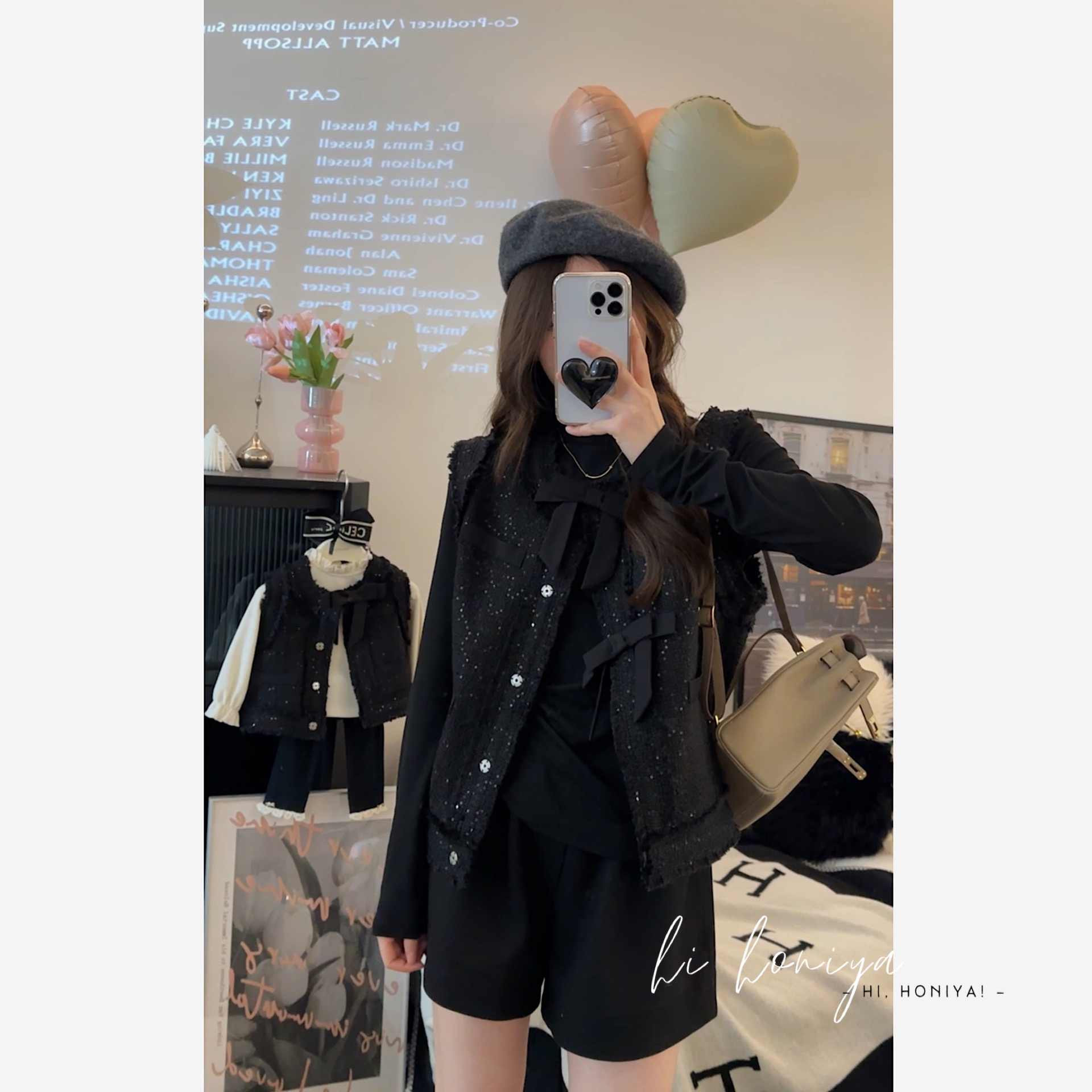 xiann【克拉小香】Hihoniya~2023新品黑色蝴蝶结小香风亲子马甲韩版