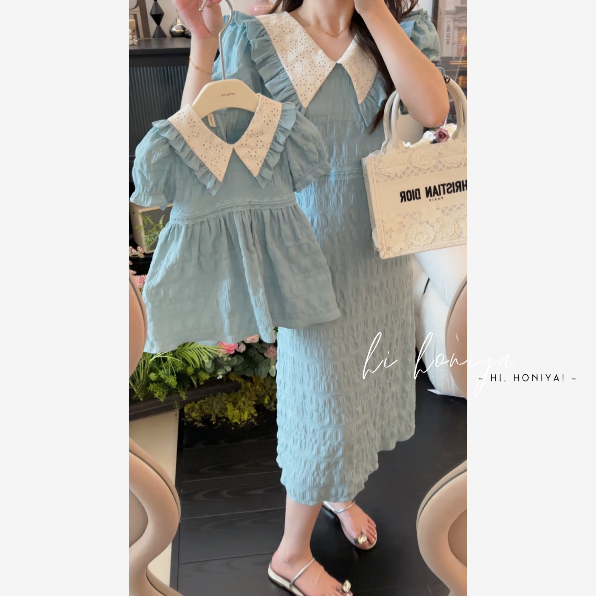 xian【碧落 】Hihoniya~2023蕾丝领荷叶边泡泡袖亲子连衣裙童装