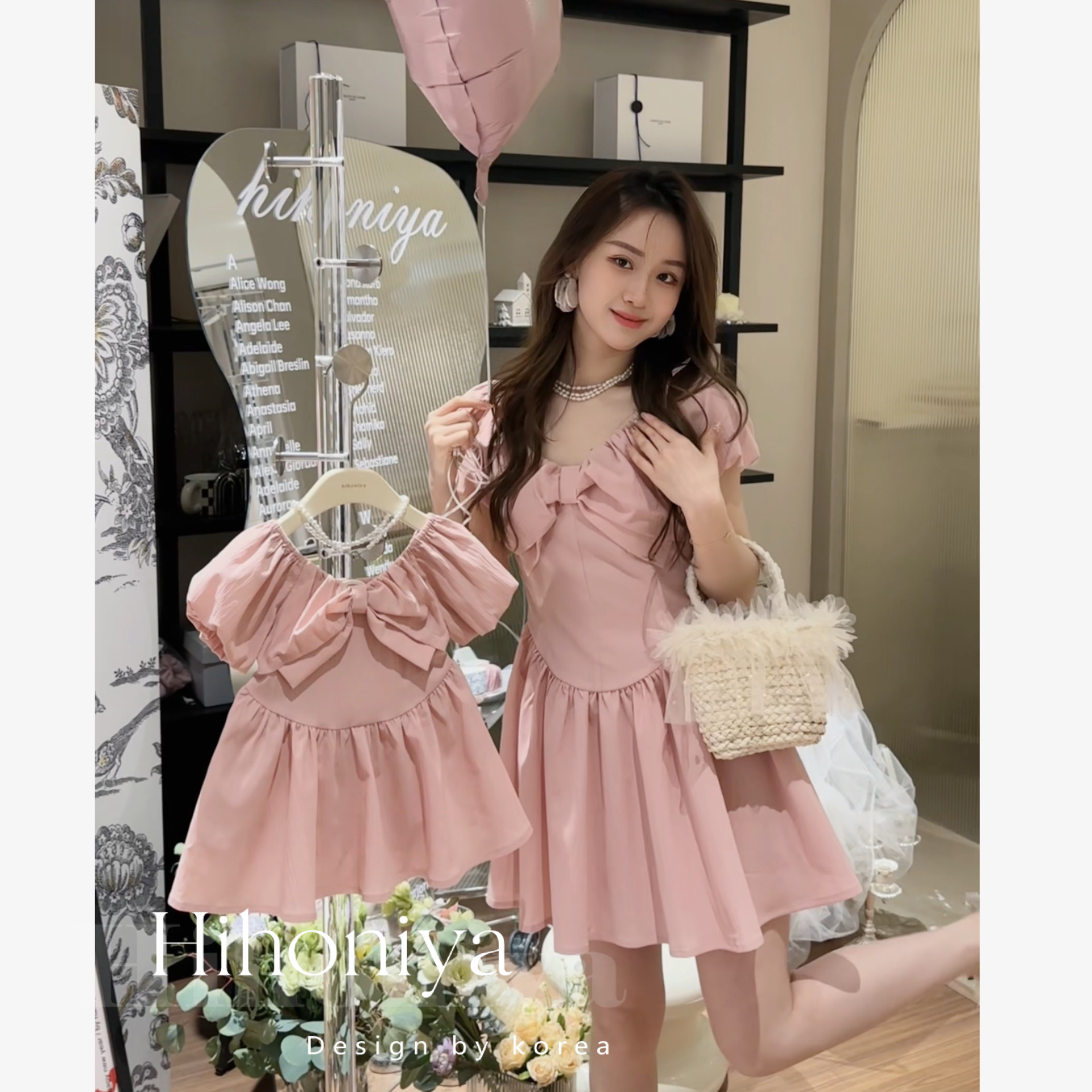 xian【水蜜桃】二Hihoniya~2024亲子粉色法式气质显瘦甜美连衣裙