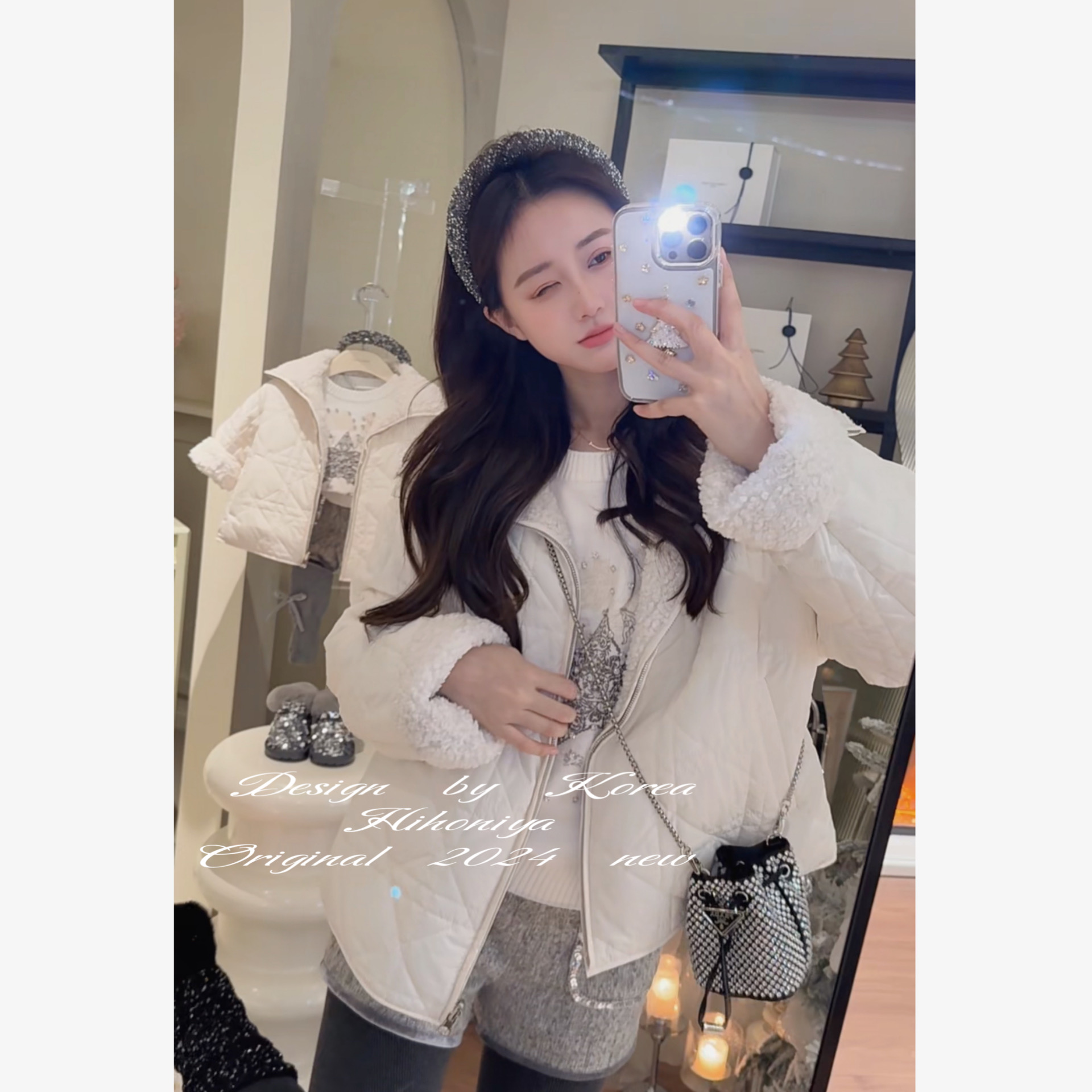 【奶油泡芙】二Hihoniya~2024冬季亲子款羊羔毛菱格两面穿韩版外套