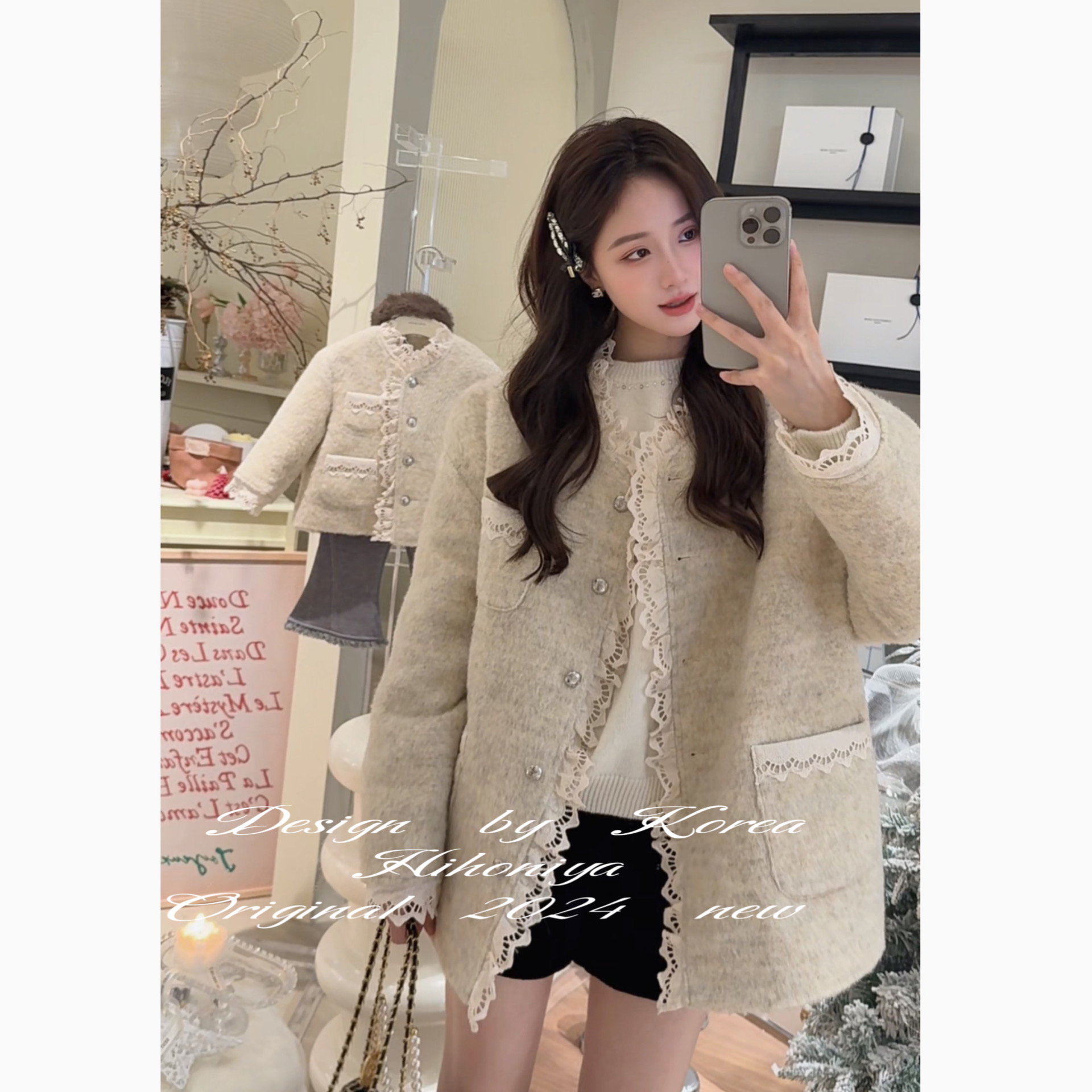 【留洋千金】二Hihoniya~2024冬季亲子小香风蕾丝边90白鸭绒羽绒服