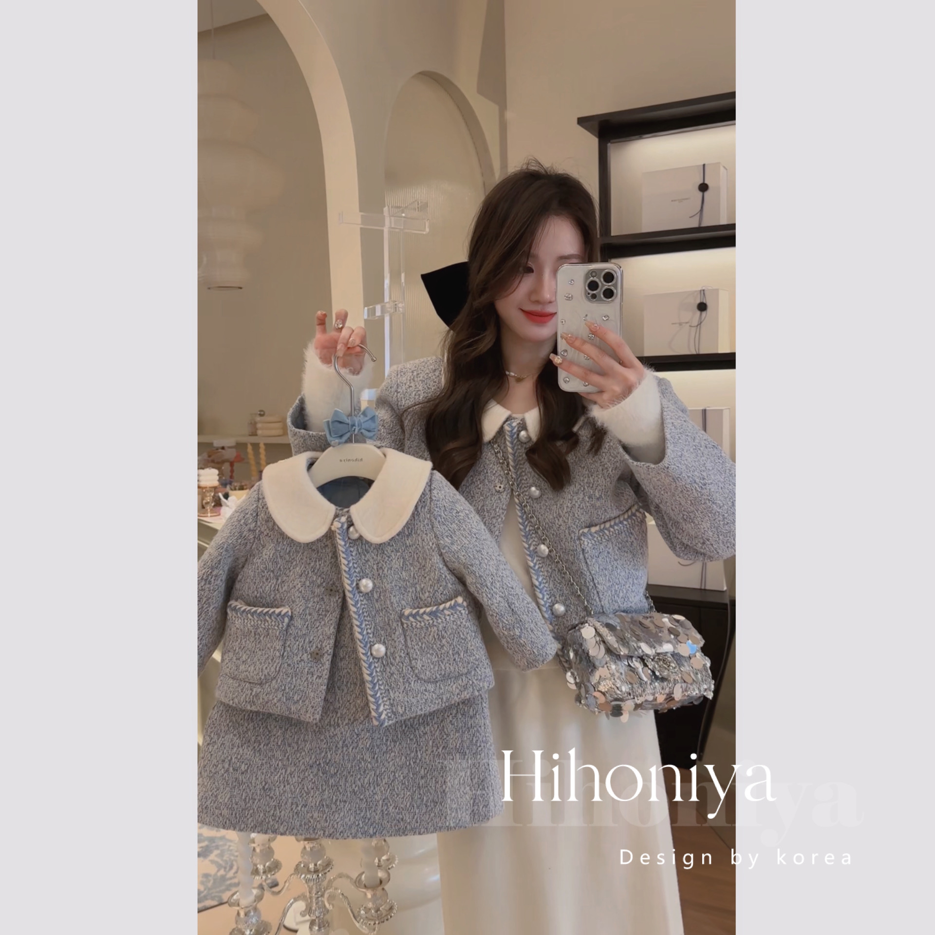 xian【赫拉小姐】Hihoniya~2023秋冬新品蓝色小香风连衣裙亲子外套