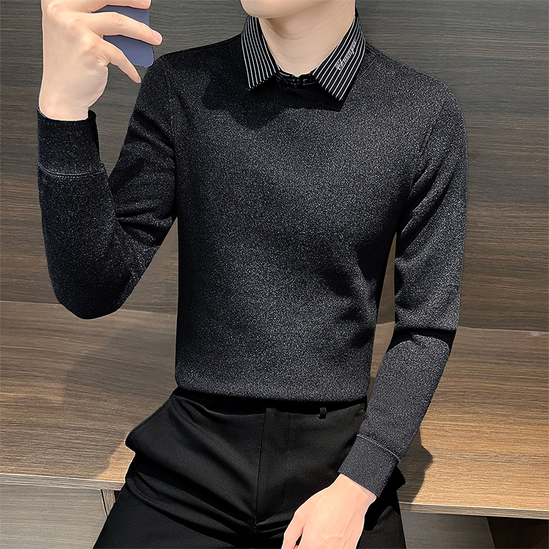 假两件毛衣男款长袖春秋季2024新款商务休闲修身刺绣衬衫领针织衫