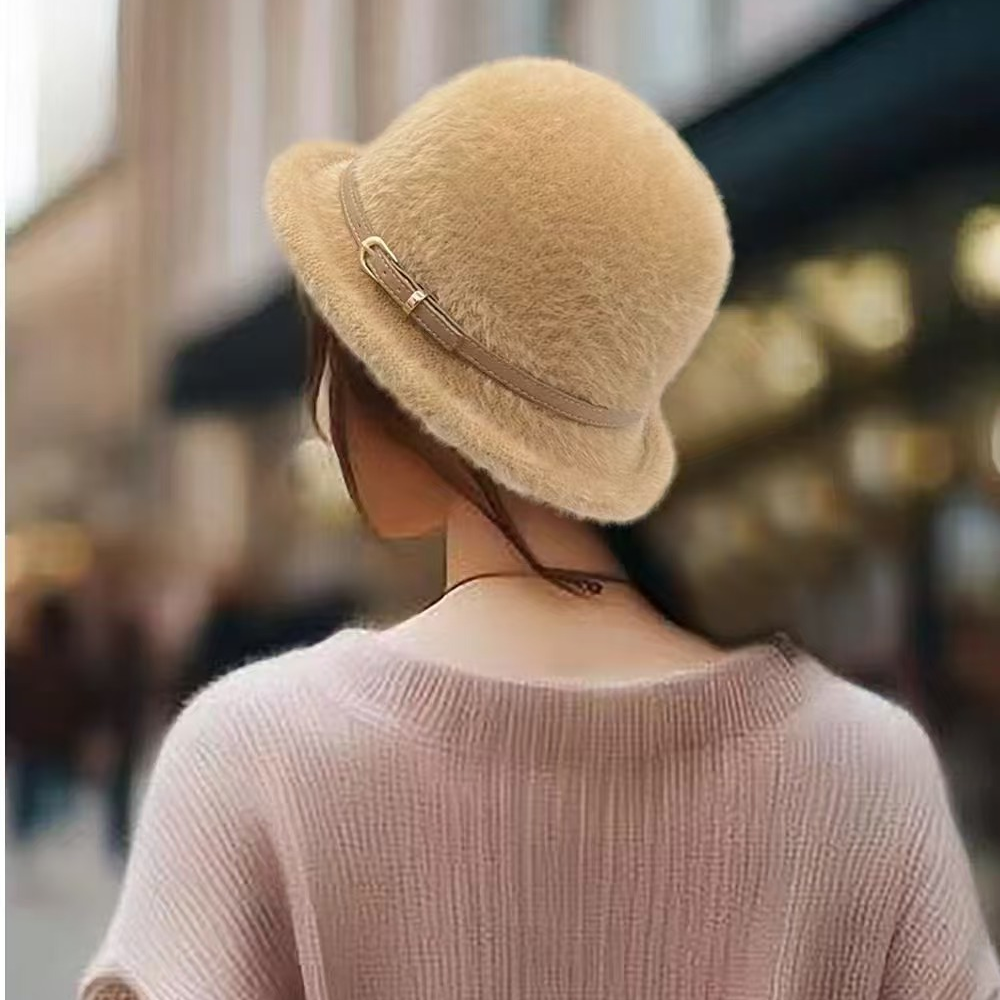 新款皮带扣帽子冬款气质小帽礼帽渔夫帽圆顶盆帽加厚显脸小半边