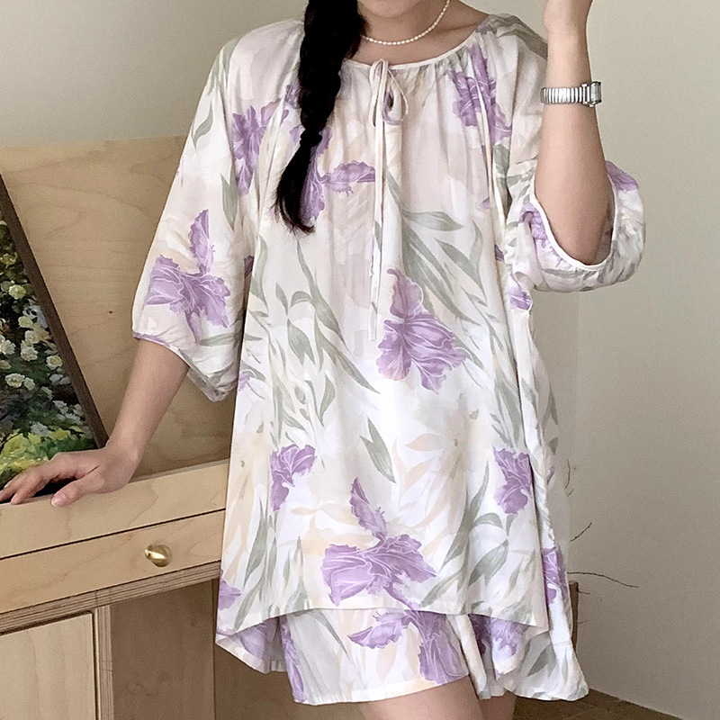 新中式国风绵绸睡衣女夏季加肥加大斤可穿棉绸套装棉绸家居服