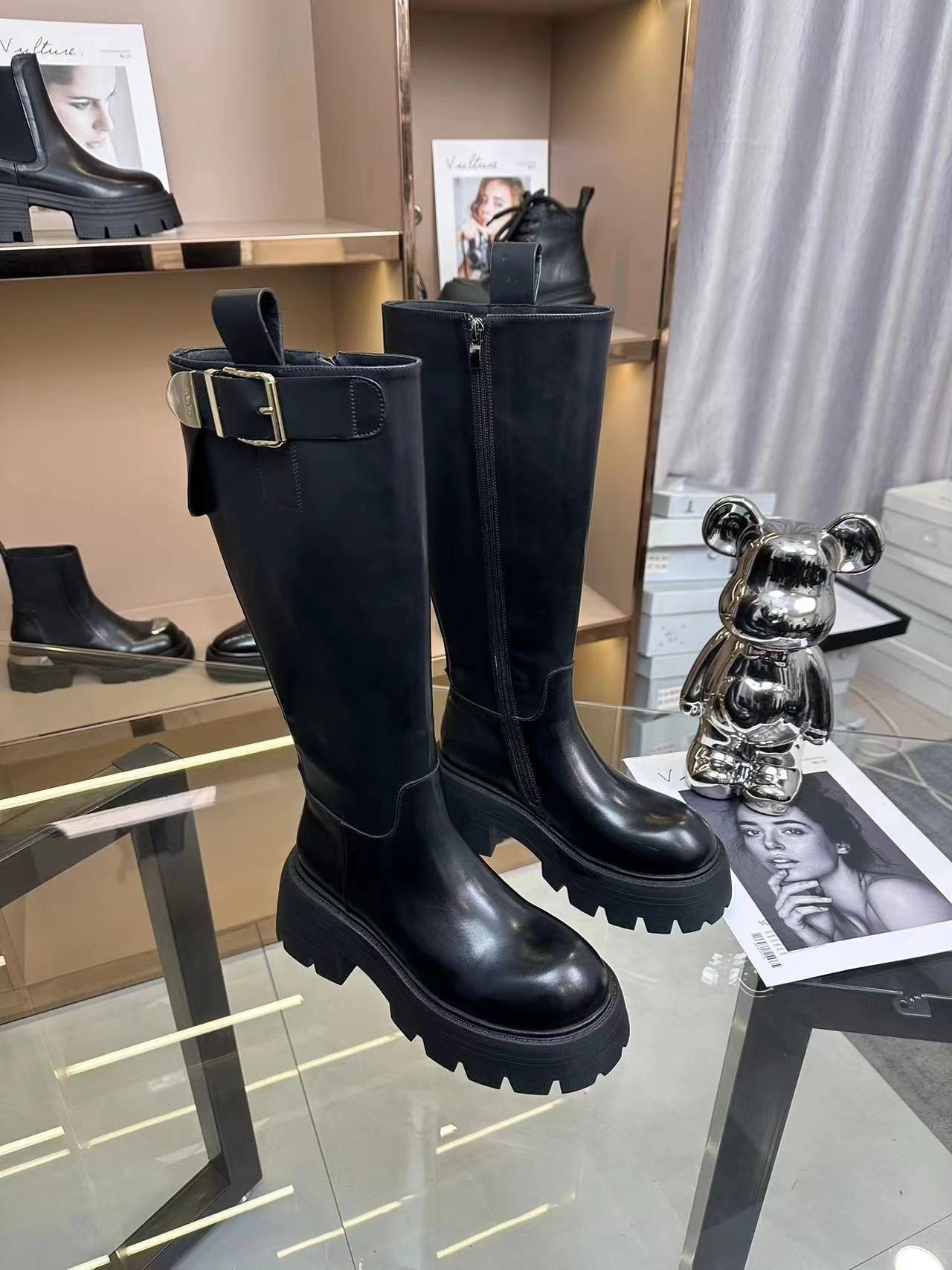 长筒靴女骑士靴长靴秋冬季新款真皮增高厚底腿粗大筒围厚底高筒靴