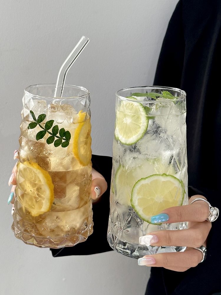 网红钻石水果茶杯玻璃水杯子冰美式咖啡杯创意饮料果汁杯气泡水杯