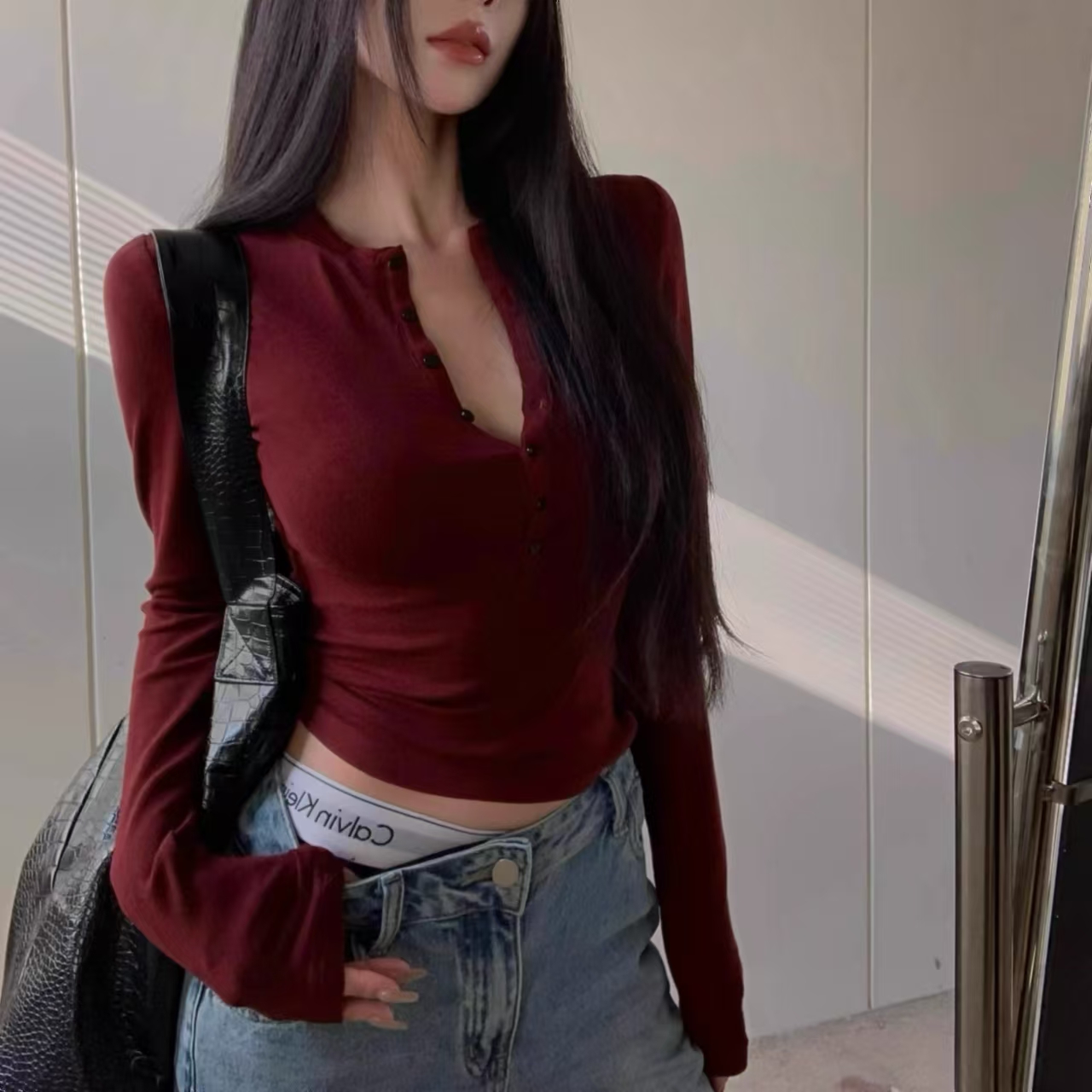 安哥拉红修身韩版弹力长袖正肩T恤女春秋季显身材内搭打底衫上衣