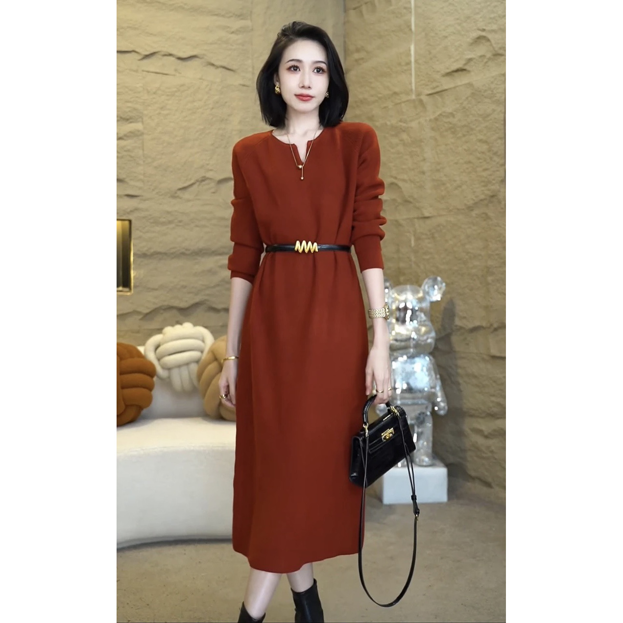 欧颍昇2024女款气质服装轻奢小众高级感裙子针织长袖连衣裙