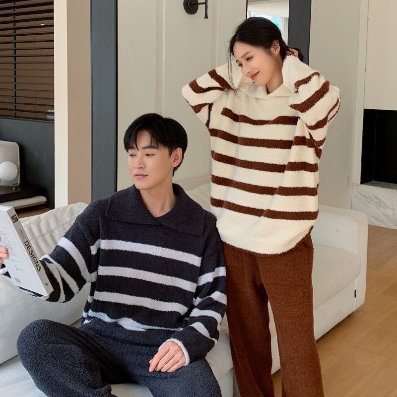 妍凯琳半边绒家居服睡衣套装保暖加绒加厚条纹宽松柔软情侣款