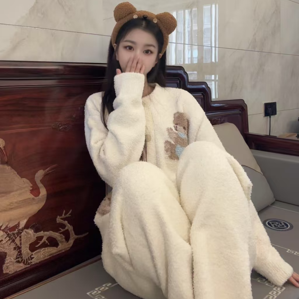 赵露丝luse明星同款半边绒饼干小熊开衫家居服甜美保暖可外穿