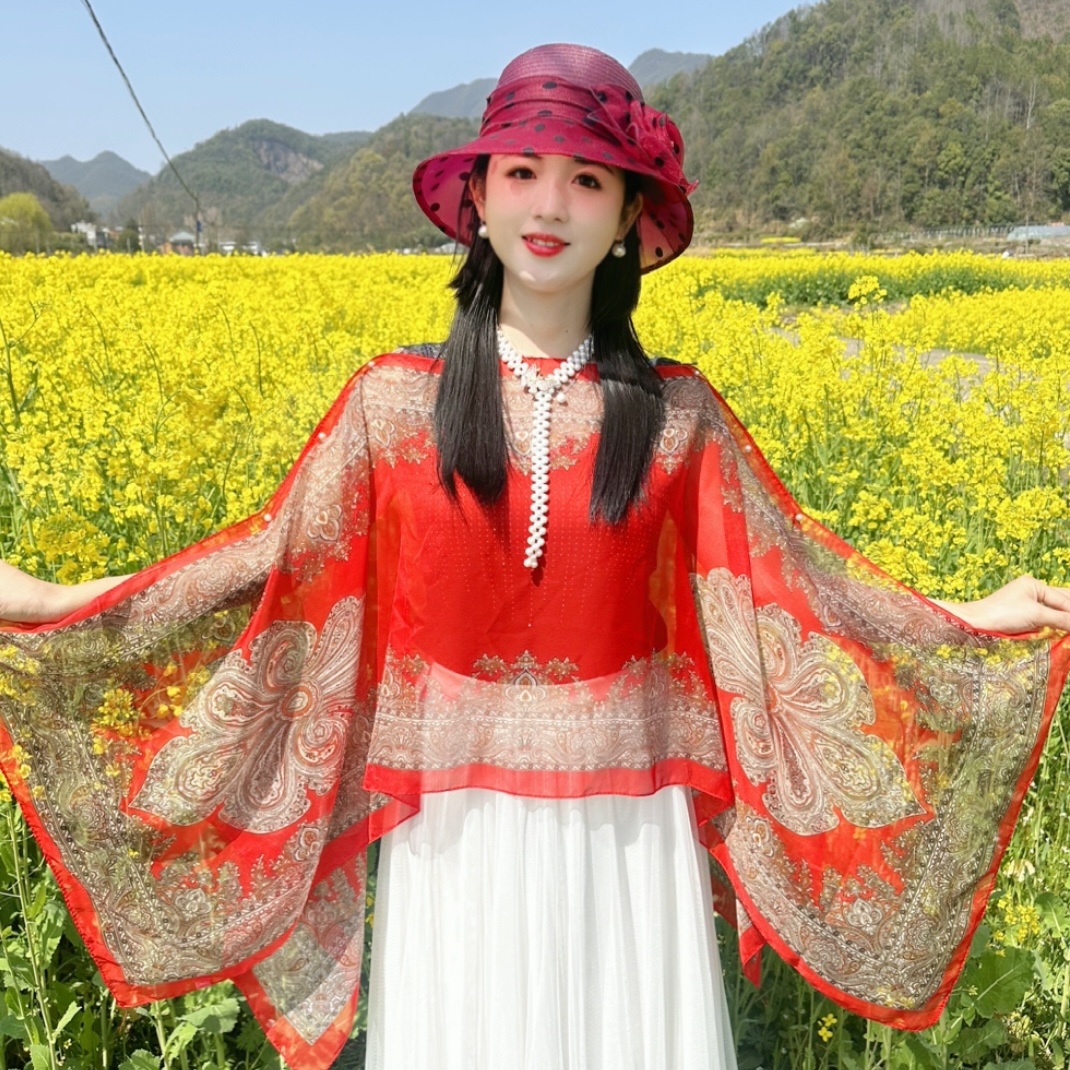 【围奕】100*150优雅珍珠印花防晒夏季丝巾薄款大披肩外搭女