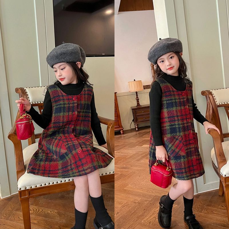 女童裙子背心裙2025新款春秋季无袖格纹红色格纹中大童呢子母女装
