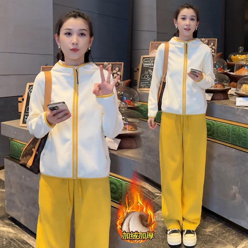 时尚加绒休闲套装女2024秋冬新款洋气双面绒连帽卫衣运动裤两件套