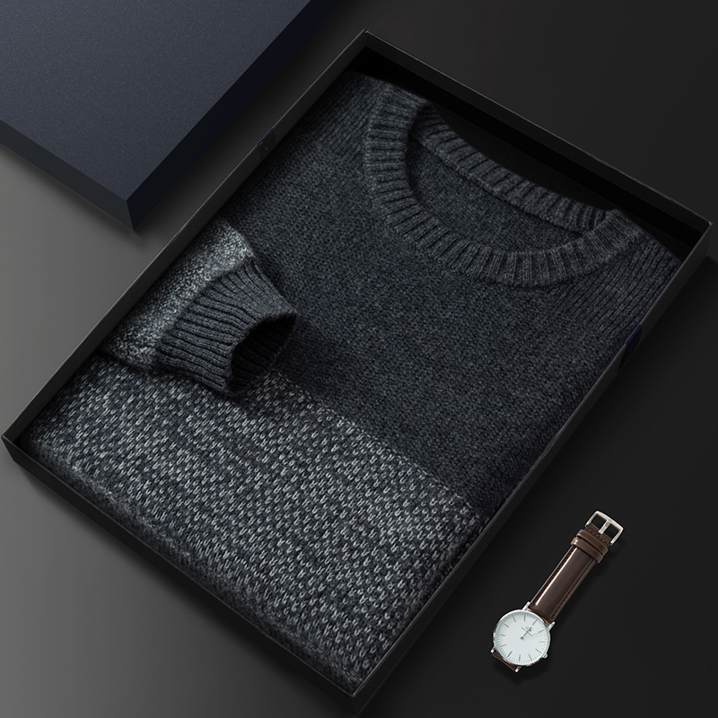 沃绒华商务男装冬季加厚撞色戎美纯羊绒衫圆领毛衣套头保暖针织衫