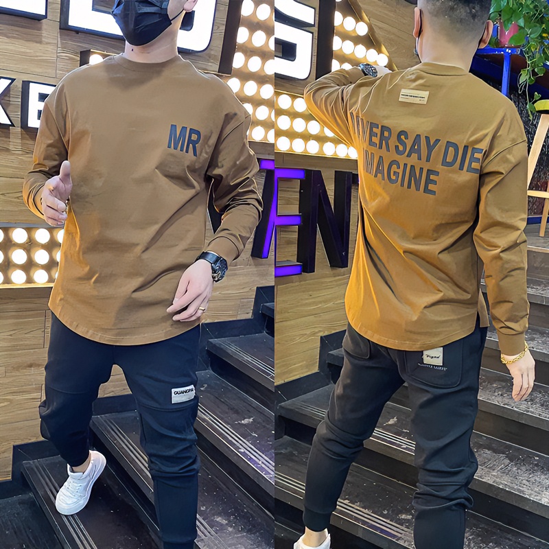 爆款男士长袖T恤2023秋季潮流圆领内搭潮牌男装字母宽松休闲百搭