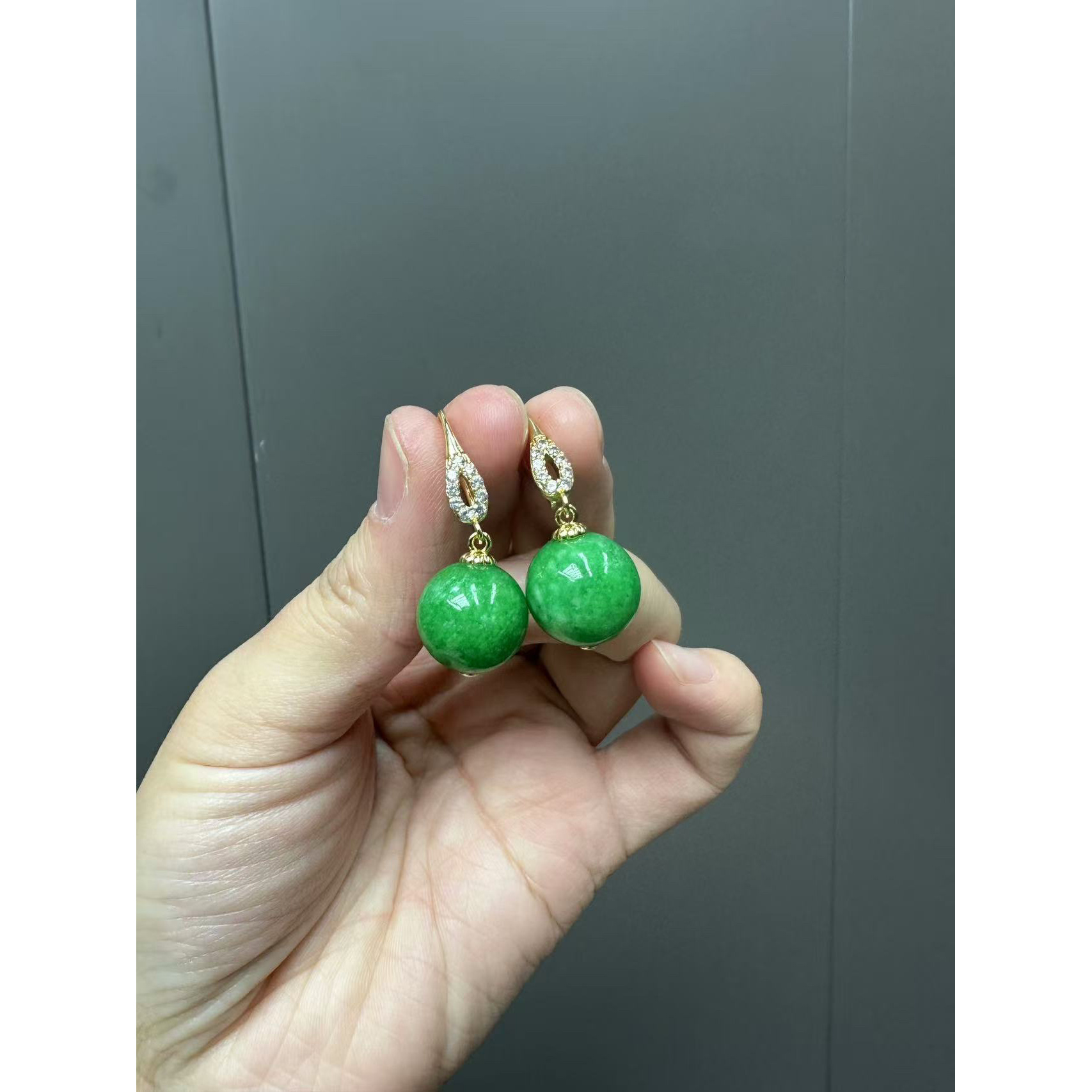 翡翠阳绿14k满钻圆珠耳钩14mm