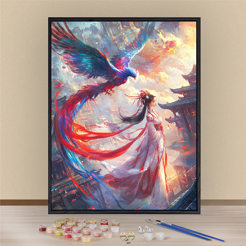凤凰于飞数字油画手工画diy涂色手绘DIY填色创意礼物油彩装饰挂画