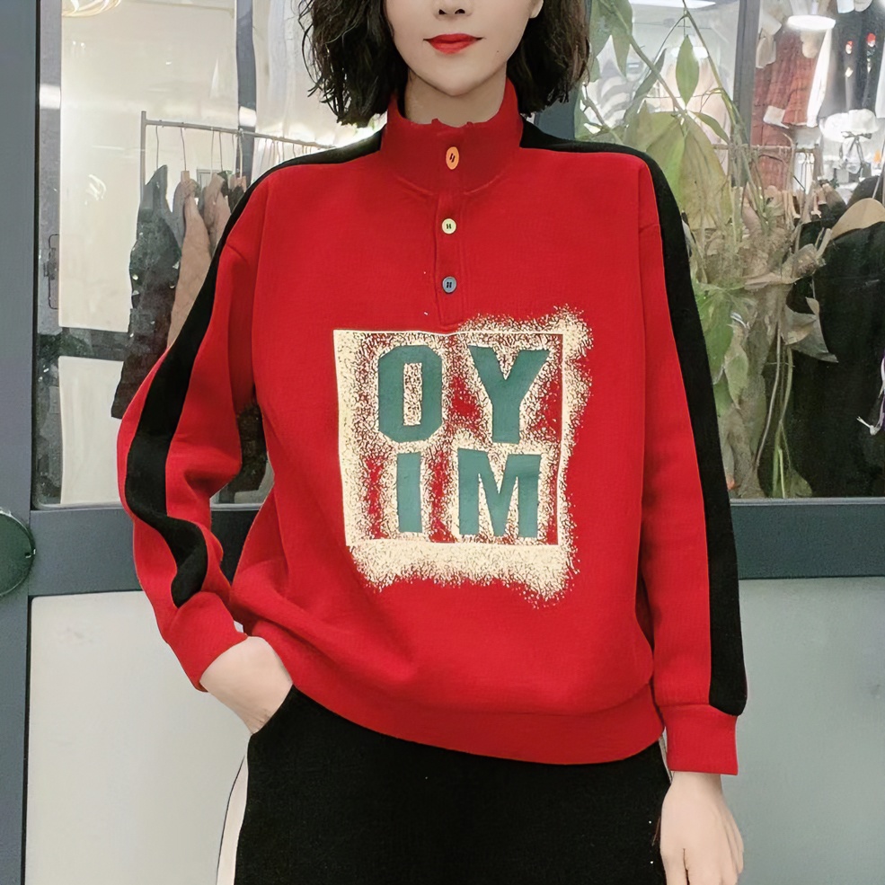 【众帆女装】秋冬时尚加绒保暖高工印染印花宽松百搭立领休闲上衣