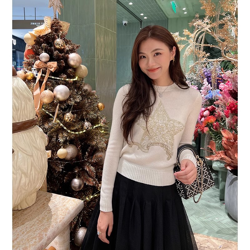 【琳媚】五角星刺绣针织衫百搭休闲毛衣女