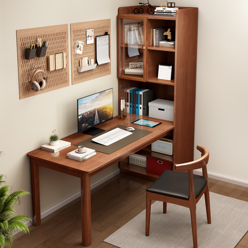 转角实木书桌写字台书架组合带书柜一体现代简约学习桌子电脑桌
