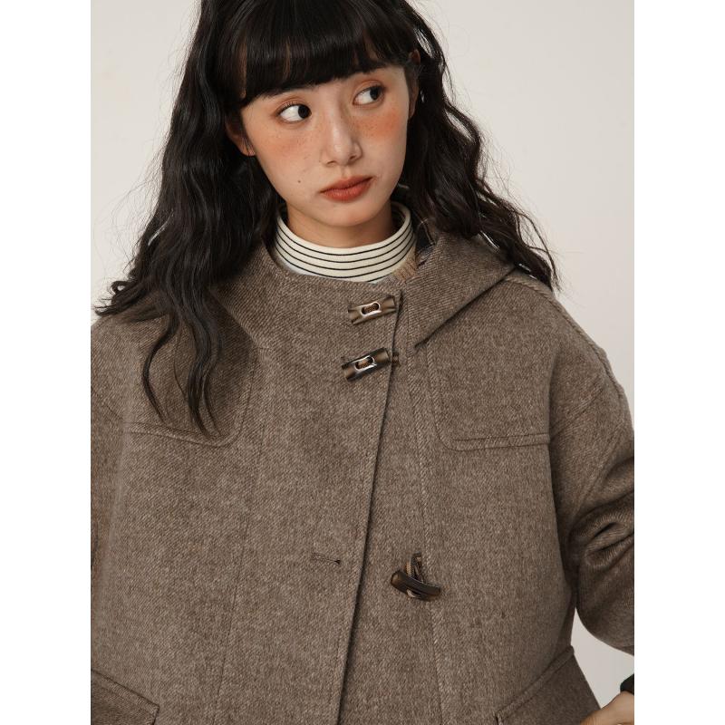 牛角扣毛呢大衣女秋冬新款日系复古连帽小个子高级感加厚毛呢外套