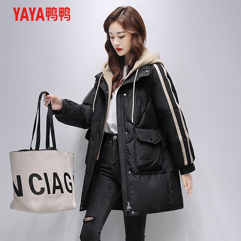 YAYA/鸭鸭90鸭绒羽绒服女假两件中长款2025新款潮流连帽保暖外套