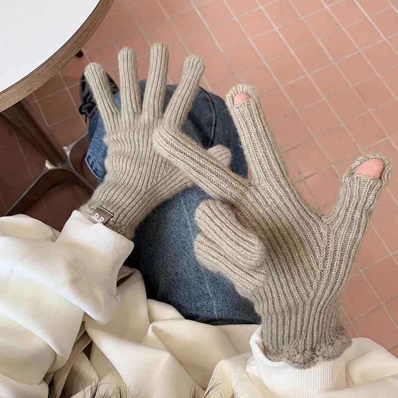 ins糖豆手套女冬季保暖加绒漏指毛线针织可触屏骑车防风骑行手套