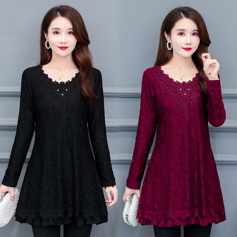 秋装新款蕾丝连衣裙2023秋季长袖大码女装胖遮肚宽松打底裙洋气