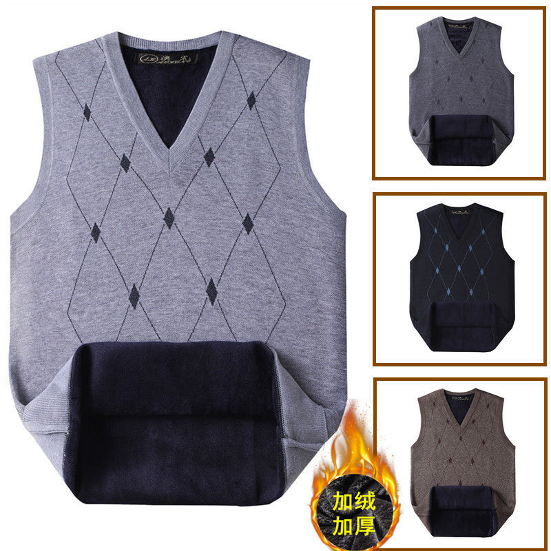 针织马甲男士秋冬季加加厚毛背心领格子中老年人保暖无袖毛衣