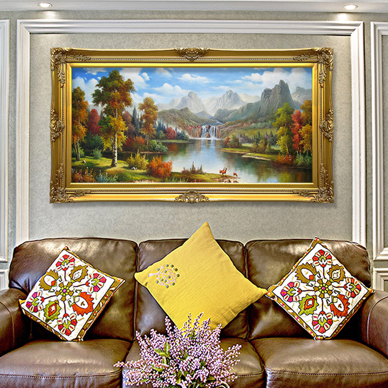 福禄聚宝盆欧式山水风景油画客厅装饰画简约玄关书房挂画实木框