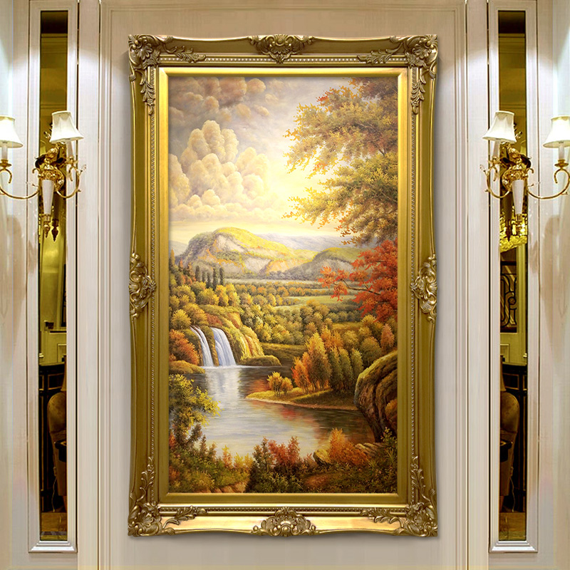 美式玄关装饰画欧式客厅过道挂画山水风景画实木框艺术肌理画