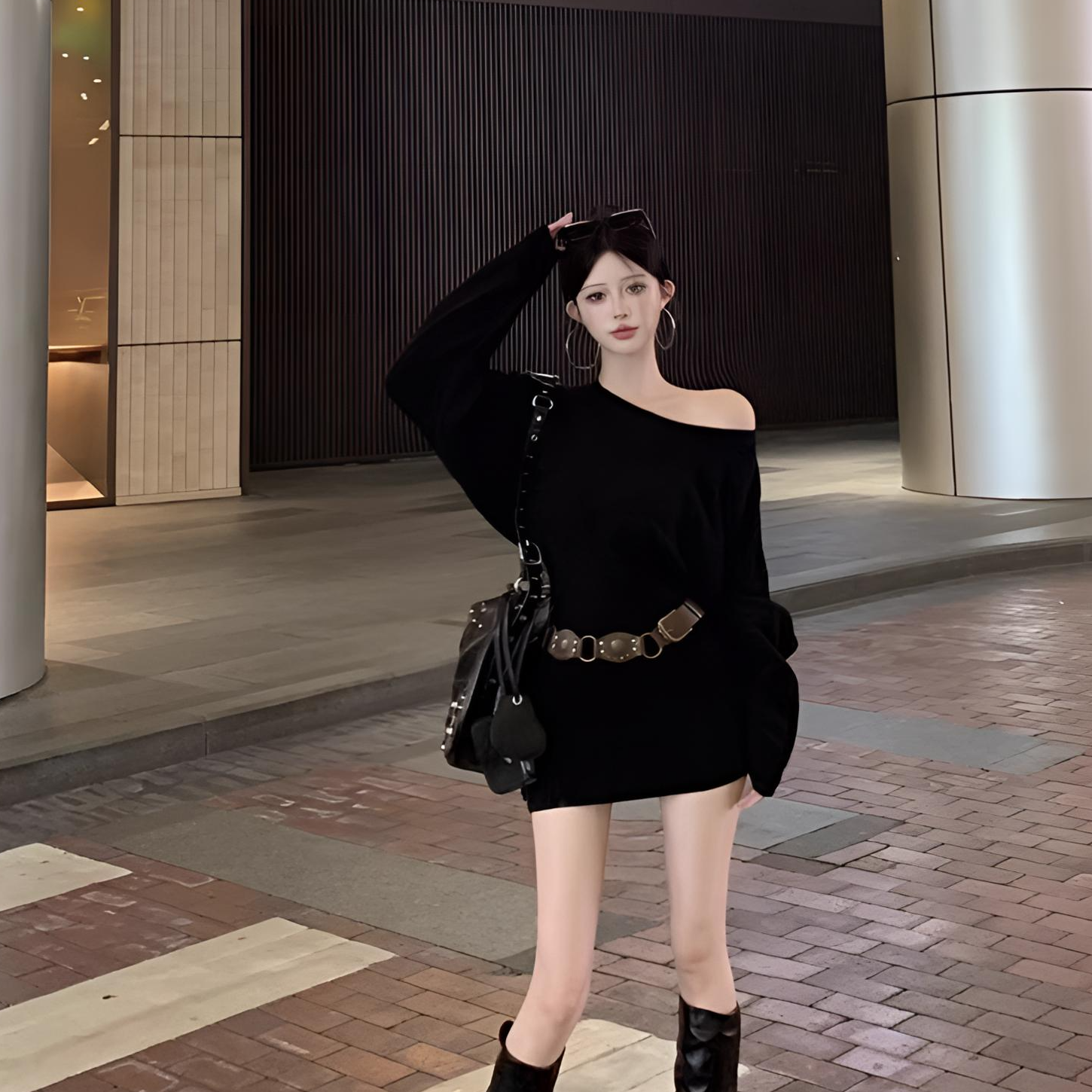 修身慵懒风一字肩短裙韩系辣妹针织连衣裙女秋季慵懒风毛衣裙女