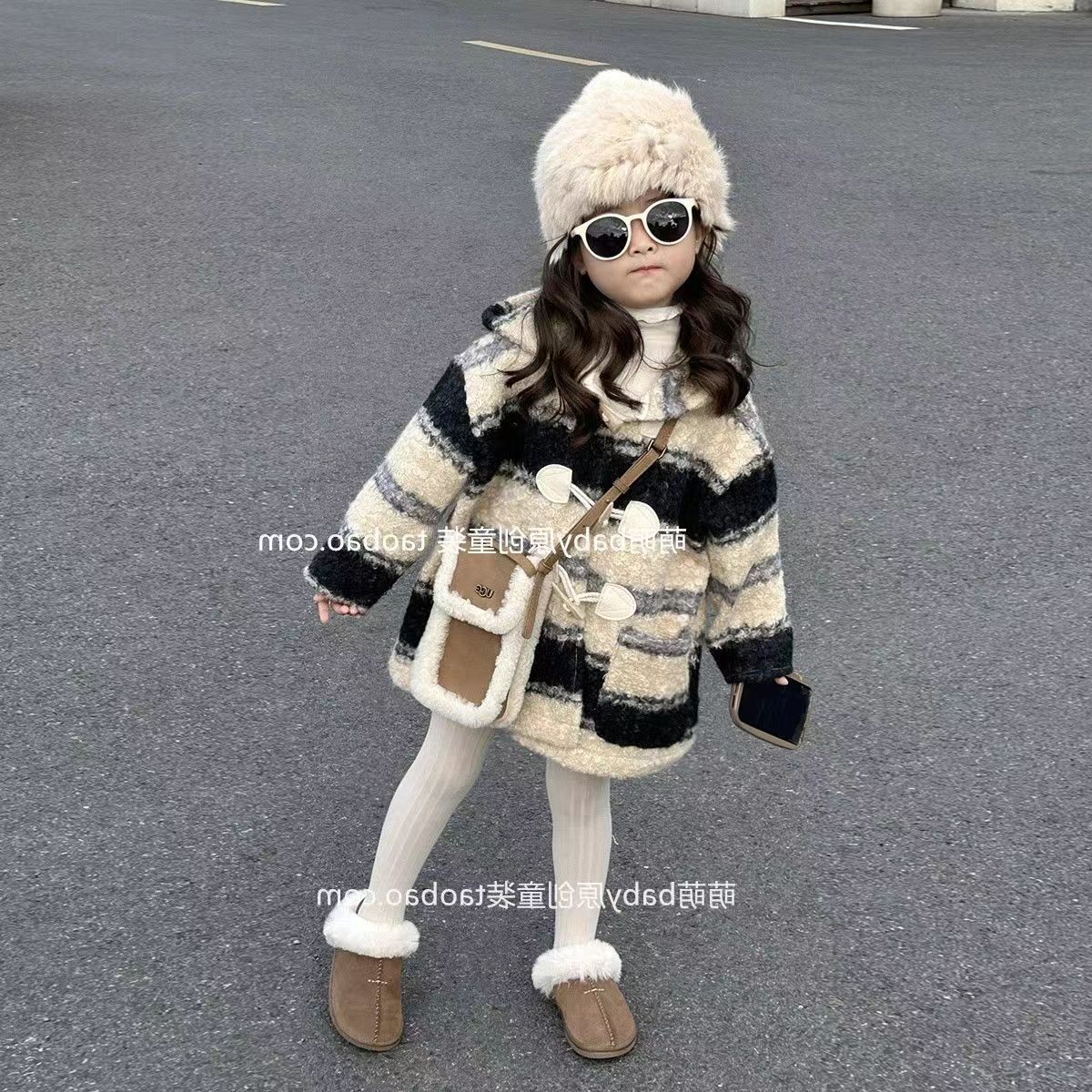 冬季大促加绒韩国童装2023冬季男女童韩版宽松条纹毛呢大于儿童洋