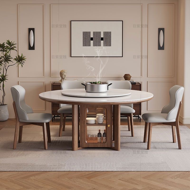 高端餐桌岩板餐桌现代简约风家用圆桌带储物箱北欧圆形饭桌带转盘
