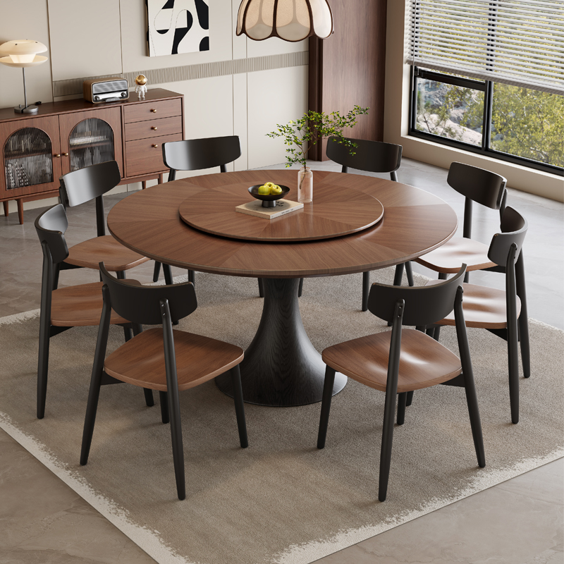  实木圆形餐桌椅组合带转盘家用小户型拼花复古高端小蛮腰大圆桌