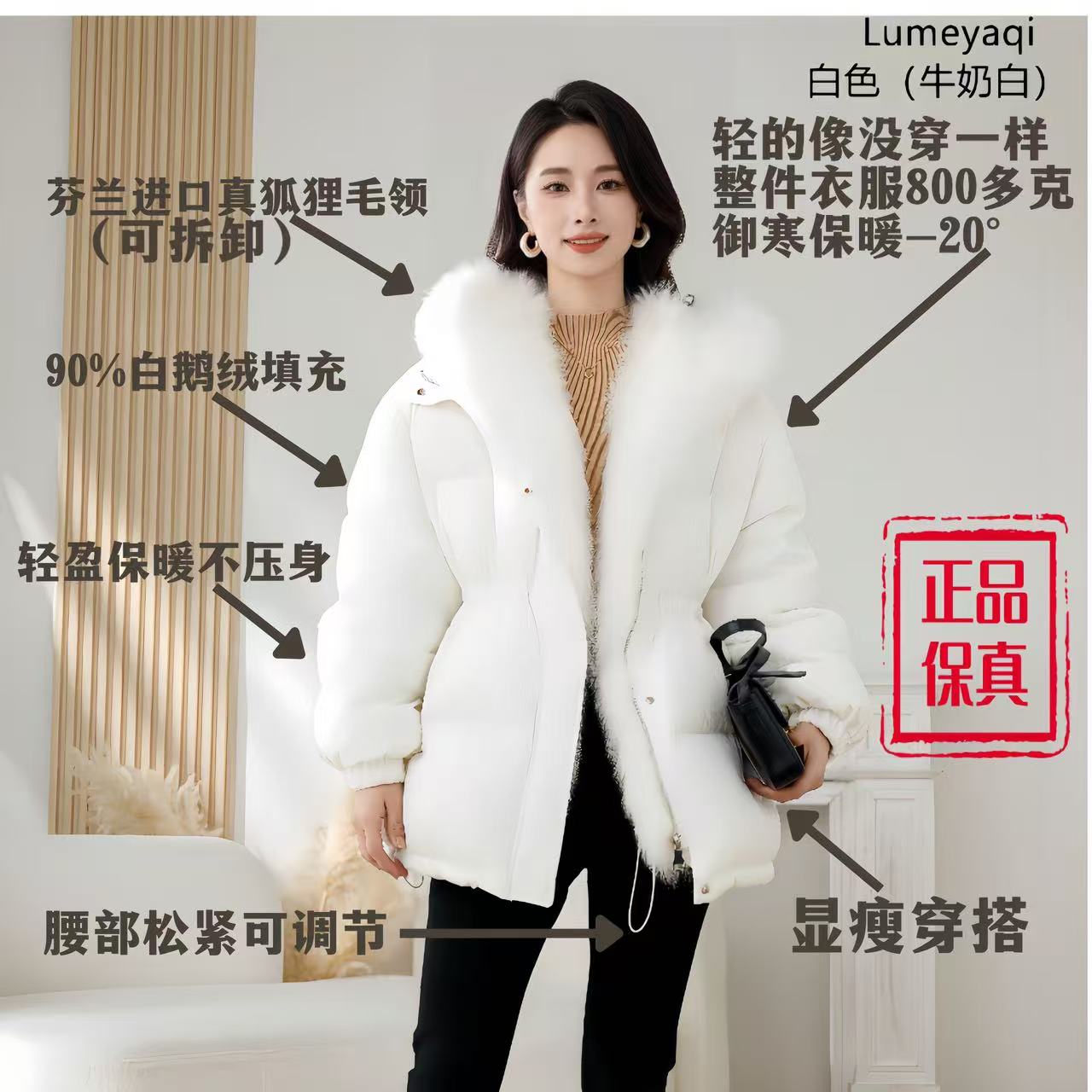 【清仓皮草鹅绒服】狐狸毛连帽鹅绒服中长款时尚百搭冬季女士外套