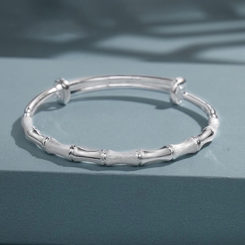 足银手镯 足银999.9竹节磨砂实心节节高升简约百搭推拉款女款银镯