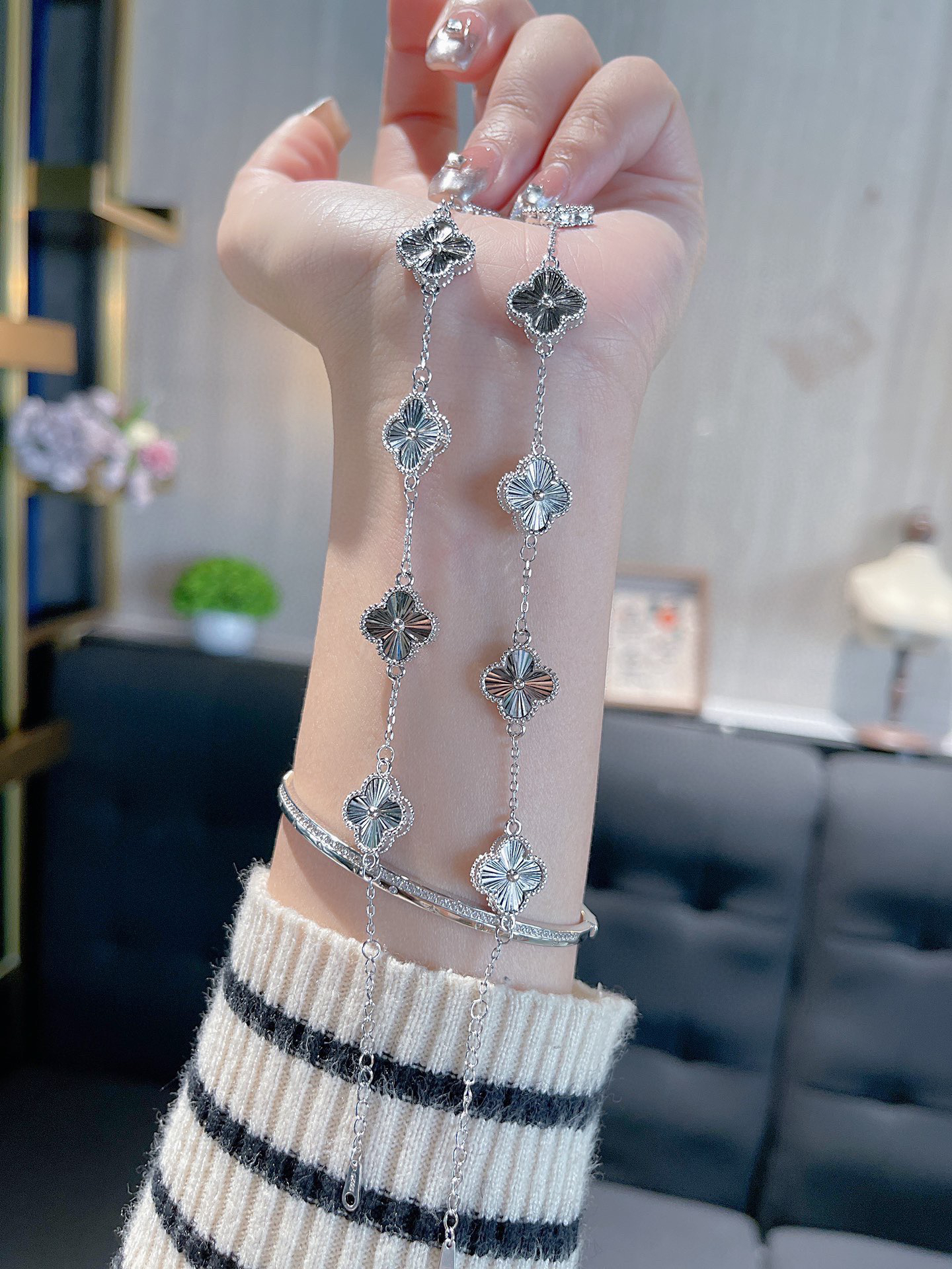 足银手链 足银999镭射五花四叶草手链时尚韩版轻奢气质百搭手链