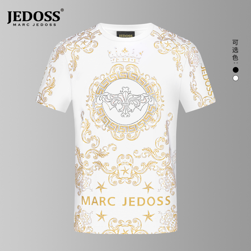 JEDOSS/爵迪斯夏季男款烫金个性鸢尾花LOGO修身休闲潮流半袖
