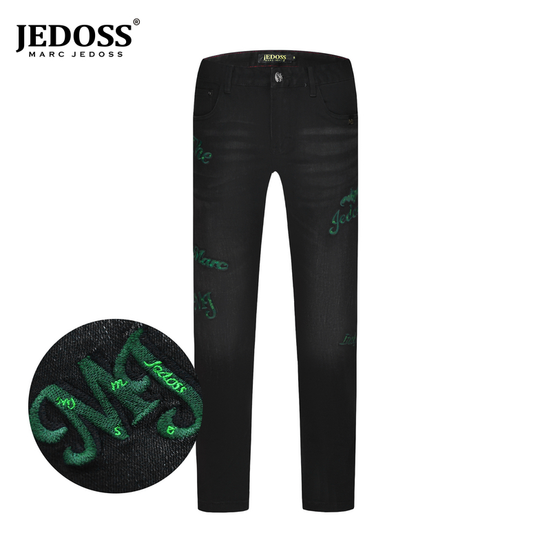 JEDOSS/爵迪斯裤子男款秋冬款潮牌LOGO刺绣直筒黑色牛仔裤20SX