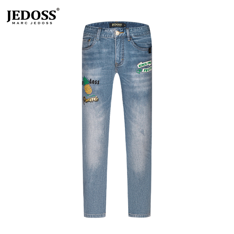 JEDOSS/爵迪斯裤子修身男款夏季破洞新款菠萝宽松九分牛仔裤休闲