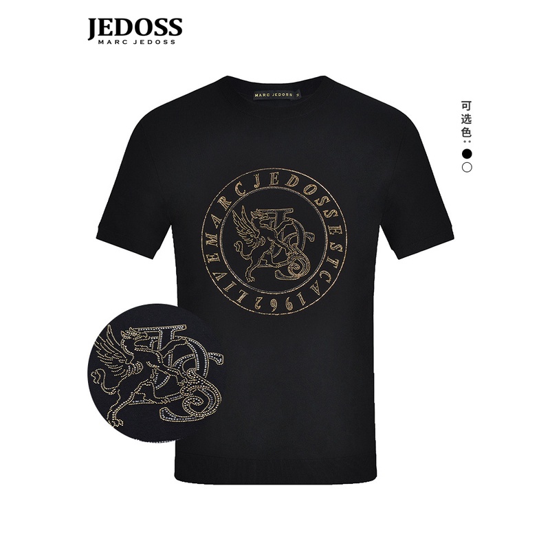 JEDOSS/爵迪斯同款春上新宽松LOGO烫钻短袖针织衫黑色男款